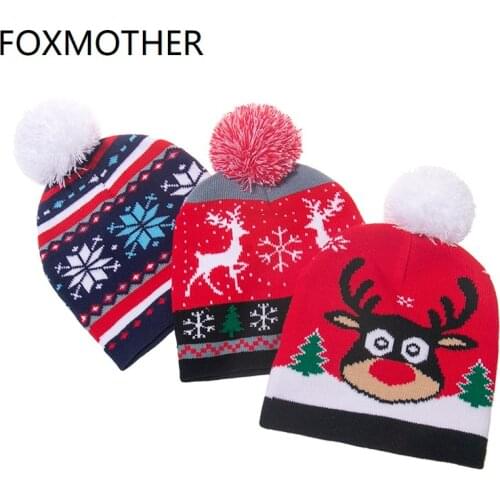 FOXMOTHER New Winter Cute Red Snowman Snowflake Christmas Deer Pompom Knitted Beanie Hats Caps For Kids Children Boy Girls
