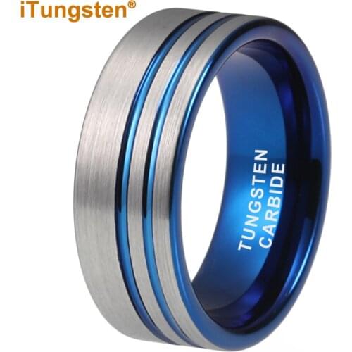Tungsten Wedding Band Ring 6mm for Women Blue Plated Offset Line Pipe Cut Silver Brushed Top Comfort Fit