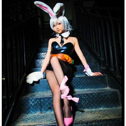 Game LOL Cosplay Costume Riven Bunny Girl Black Sexy PU Jumpsuit With Tie Bodysuit Costumes Halloween Party For Woman
