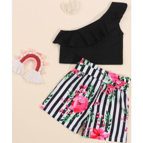 Summer Girls Clothes Set Solid Color Sleeveless Off shoulder Cropped Vest Tops Floral Print Short Pants Childrens Sets