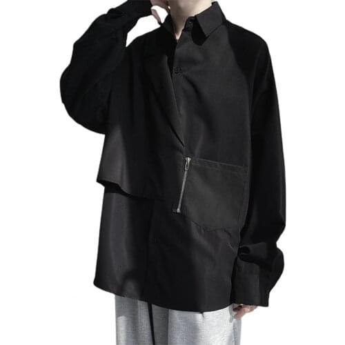 2021 New Men Top Fashion Fake Two Pieces Shirt Contrast Colors Turn-down Collar Zipper Casual Single-breasted for Autumn