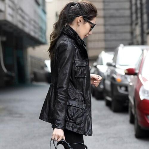 New spring and autumn old leather leather jacket with long womens sheepskin locomotive slim leather jacket coat size