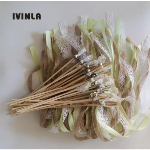 Newest 50pcs/lot Green Jute Lace wedding ribbon wands with sliver bell for wedding decoration
