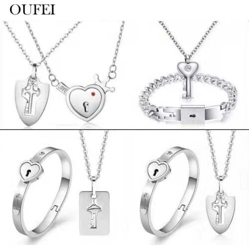 OUFEI Fashion Lovers Couple Jewelry Sets Stainless Steel Love Heart Lock Bracelets Bangles Key Pendant Necklace Couples Set