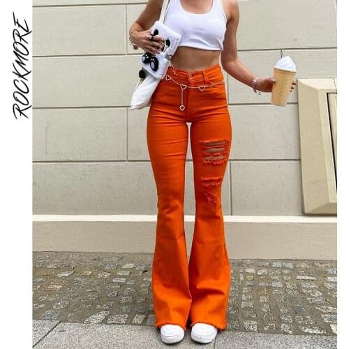Rockmore Ripped Flare Jeans Bodycon Women Streetwear Denim Pants Y2K High Waist Stretch Skinny Trousers Capris Female Vintage