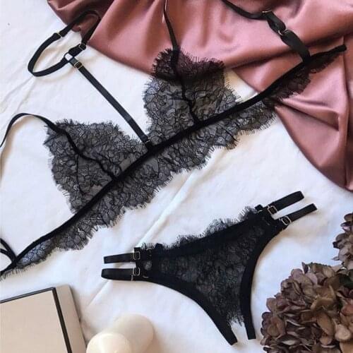 Sexy Lingerie Set Women Underwear Hollow Out Strap Floral Lace Halter Bra Open Crotch Thong Black Lenceria Sensual Mujer Pijama