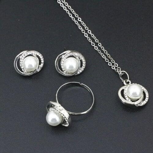 Silver Color Gold Color Jewelry Set Pendant Necklace Earring Simulated-Pearl Pendants Earrings Ring Chain For Women 18inch B3403