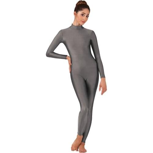 Speerise Grey Woman Mock Neck Long Sleeve Yoga Unitard Adult Gymnastics Dance Unitard Bodysuit Footless Dancewear Costume