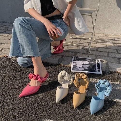 Patent Leather Pointed Toe Shallow Slippers Thin Low Heels Beige/Pink/Blue/Beige Fashion Slippers Slides Casual Summer Mules