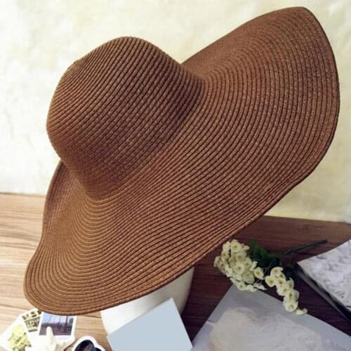 Ladies Fashion Hawaii Summer Beach Floppy Black Straw Hat Solid Color Women Wide Brim Travel Sun Casual Cap For Outdoor