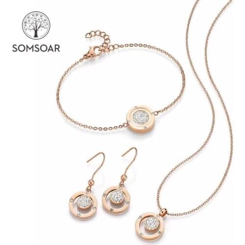 Somsoar Jewelry Stainless Steel Jewelry Set with Crystal Bracelet round earrings 1.4cm Pendant necklace High Quality