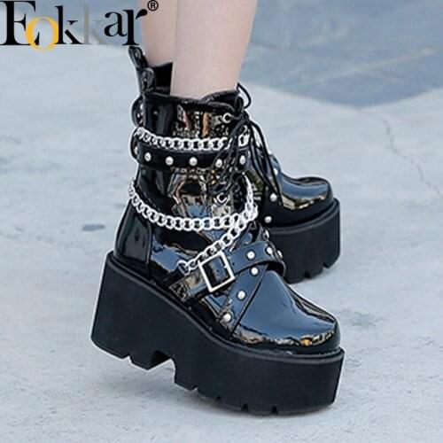 EOKKAR Women Platform Ankle Boots Gothic Ankle Boots Goth Combat Boots Women Chunky Heel Paetnt Leather Lace Up Ankle Boot