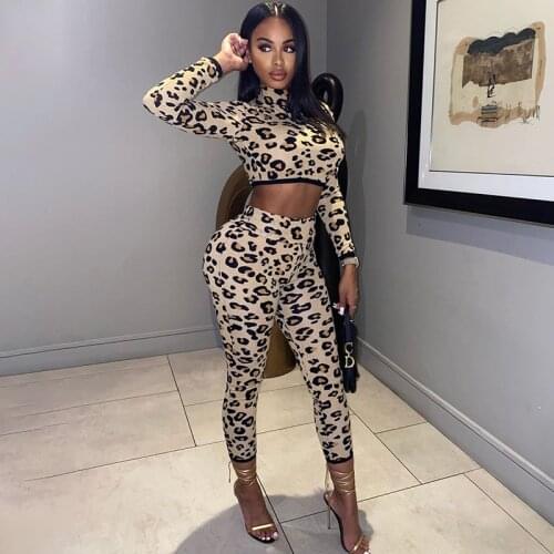 Leopard Print Sexy Two Piece Set Women Turtleneck Long Sleeve Crop Top Womens Pants Trousers Autumn Streetwear Sets