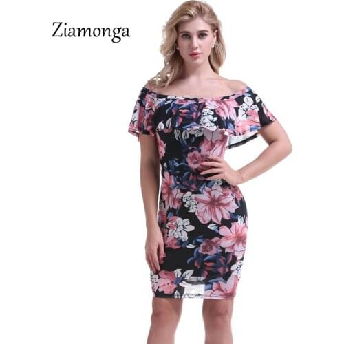 Ziamonga Floral Print Ruffle Off Shoulder Sheath Dress 2018 Elegant Pencil Sexy Slim Bodycon Ladies Dress Vestidos Bodycon Dress