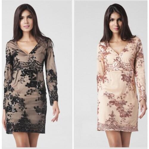 Euramerican Sexy V-neck Mesh Sequins Patchwork Slim Long Sleeved Women Dress Club Party Lady Spring Female Volie Dresses