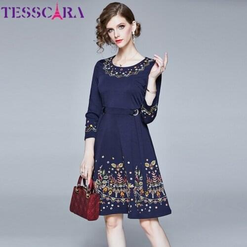 TESSCARA Women Autumn Elegant Embroidery Dress Female Office Cocktail Party Robe High Quality Floral Designer Vintage Vestidos