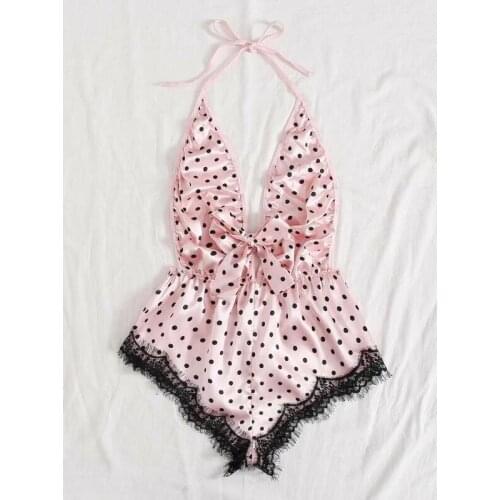 Women Sexy Lingerie with Bow-knot Decoration, Polka Dot Print Backless Deep V-neck Bandage Sleeping Jumpsuit