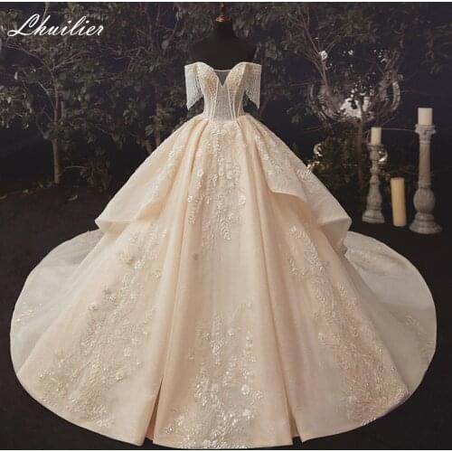 Lhuilier Womens Boat Neck A-Line Champagne Wedding Dresses 2020 Beaded Floor Length Bridal Gowns Chapel Train with Tassels