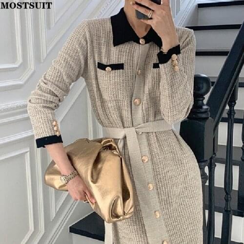 Chic Turn-down Collar Women Dress Patchwork Single-breasted Lace-up Female Sweater Dress 2021 Autumn Knit Vestidos