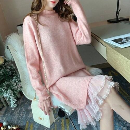 Womens Fairy Dress Knitted Sweater Long Sleeve Midi Dress lace Rulffle Loose Elegant Fall Korean Style Girls Sweety Outwear