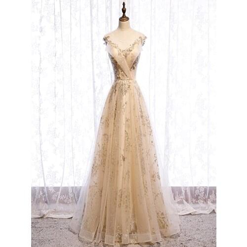 Vestido De Festa Sexy Scoop Neck Prom Dress Robe De Soiree 2020 Fashion High Quality Champagne Long Prom Dresses Formal Dress