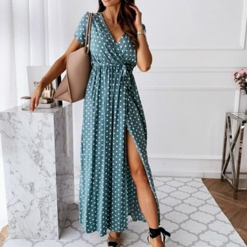 Hot Summer women boho Vintage Dresses Women Lady Short sleeve Casual Beach Sundress Bandage Split Polka Dots Dress Female 2020