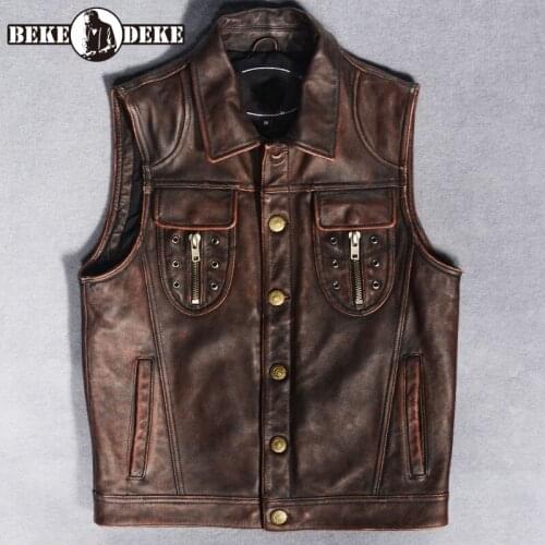 Retro Natural Cowhide Vest Men Luxury Casual Turn-Down Collar Sleeveless Cargo Jacket Designer Single Breasted Biker Waistcoat
