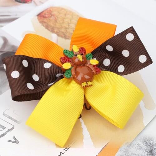 2 Pcs/lots Thanksgiving Day 3.5'' Dot Hair Bows for Girls Lovely Turkey Hairpin Ribbon Bowknot Hair Clips Girls Hair Accessories