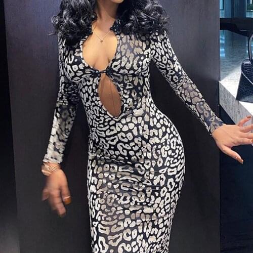 BKLD Hot Sexy Club V Neck Leopard Print Hem Back Split Long Dress Long Sleeve Cut Out Slim Irregular Maxi Dress Autumn 2021 New