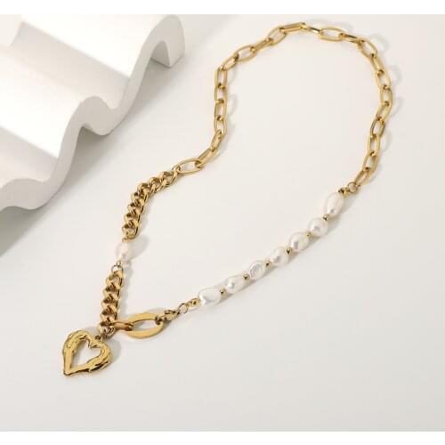 Baroque Freshwater Pearl Stainless Steel Chain Splicing Heart Shape Pendant Necklace For Women 14K Gold Plated Choker Jewelry
