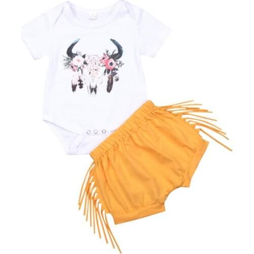 Newborn Toddler Infant Girls Summer Short Tassel Tops Pants 2pcs Deer Outfits
