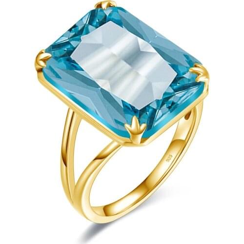 Szjinao Sky Blue Aquamarine Ring Handmade Carve Gold Rings For Women Rectangle Gemstone Viking 100% 925 Solid Silver Jewellery