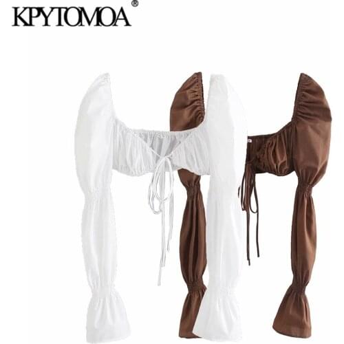 KPYTOMOA Women 2021 Sexy Fashion With Tied Cropped Blouses Vintage Long Sleeve Elastic Trims Female Shirts Chic Tops