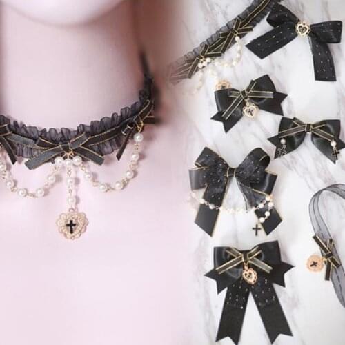 Girls Ruffles Lace Necklace with Pearl Chain Pendant Ribbon Bows Earrings Hair Clips Handmade Lolita Hair Ornaments