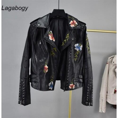 Lagabogy New Spring Autumn Women Motorcycle Jacket Floral Print Embroidery Pu Leather Coats Female Turn-Down Collar Zipper