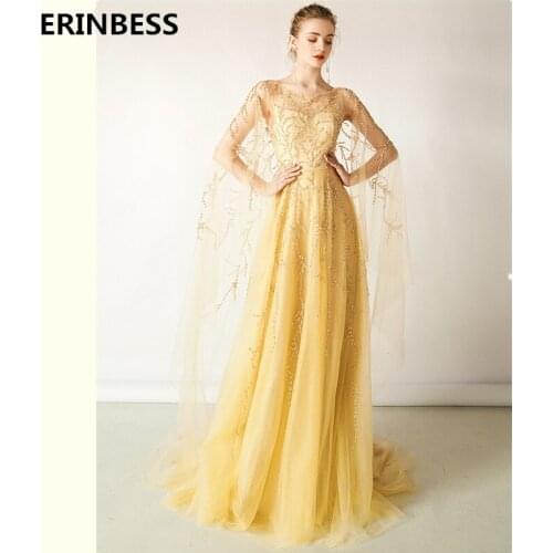 Fashion With Shawl Evening Dresses Long Dress Scoop Neck A-line Gold Evening Dress Elegant 2020 Formal Evening Dress Prom Gowns