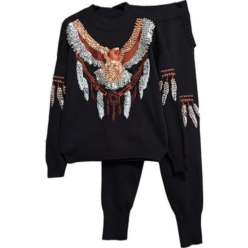 New Women Two-piece Heavy Industry Eagle Printed Knitted Casual Pants Suit Winter Warm Sweater Tracksuit Sporting Set Female