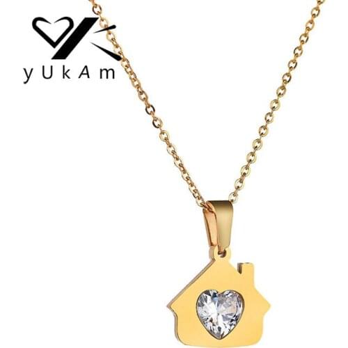 YUKAM Simple Stainless Steel Gold Big Crystal Heart Family House Pendant Necklaces Couple Baby Boy Girl Necklace Christmas Gifts