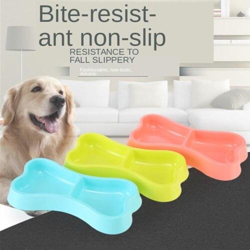 Portable Dog Double Bowls Pet Feeding Bowl Candy Color Plastic Bone Shape Puppy Water Food Feeder For Cats Dogs Pet Supplies