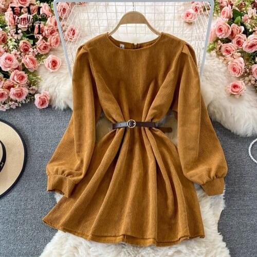YornMona Casual Women Dress 2021 New Autumn Solid A-line Short Black Dress with Belt Casual Corduroy Female Dresses
