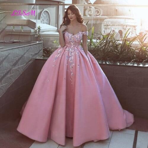 Off Shoulder Pink Evening Dress Girls Sweet Quinceanera Dresses Flowers Beaded Party Gowns Ball Gown Prom Dresses