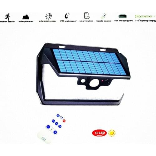 55 LED 900lm Solar Light remote control radar 3 side lighting lamp for outdoor garden patio deck yard door camp lawn street wall