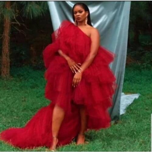 Burgundy Party Dress with Ruffle High Low Puffy Wine Red Long Prom Dresses Photo Shoot Evening Gown Plus Size Custom Made