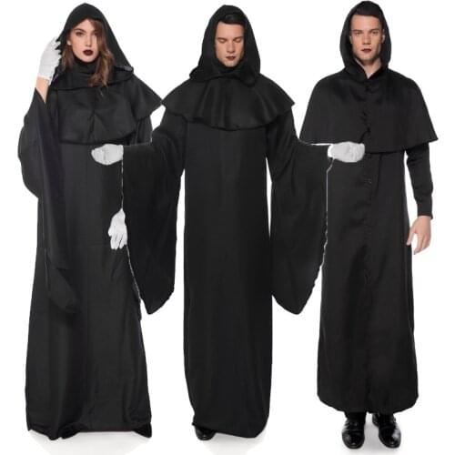 Vintage Wizard Cosplay Halloween Costumes For Adults Women Men Medieval Friar Black Robe Priest Costume Ancient Christian Suit