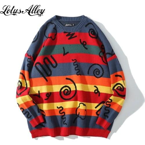 Hip Hop Rainbow Stripped Sweaters Korean Style Knitted Jumper Oversized Autumn Winter Cozy Sweater Long Sleeve Couple Clothes