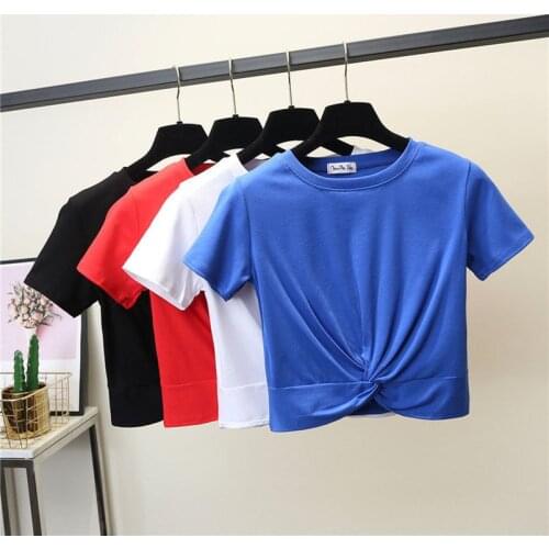 Female Cotton Cross shape T-Shirt Short Sleeve Round Neck Summer Casual Solid T-Shirt High Waist Slim T-shirts for women Girls