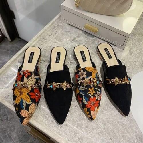 Bailamos New Women Slip On Mules Fashion Metal Chain Slipper Ladies Flat Heel Casual Slides Pointed Toe Ladies Slides Shoes