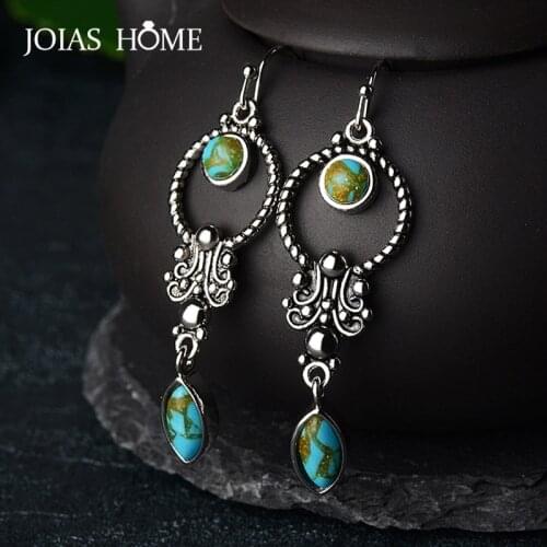 JoiasHome 925 Sterling Silver Earrings Vintage Thai Silver Ethnic Style Inlaid Turquoise Long Earrings Women Wedding Gifts