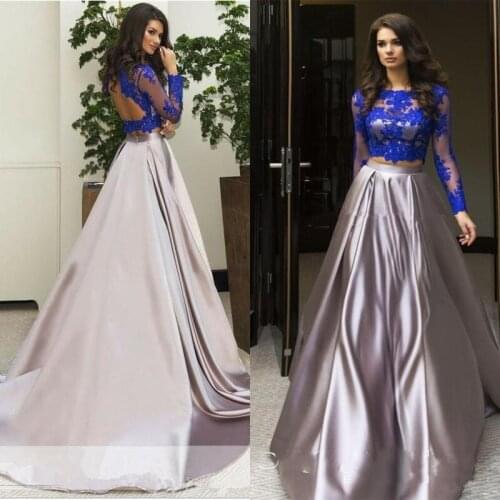 A Line Royal Blue Tops Two Piece Set Prom Gown Full Sleeves See Through Back Robe De Soiree Lace Appliques Wedding Party Dress