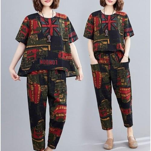 Plus Size Two Piece Set Womens Cotton Linen Summer Loose Tshirt Lady Tops Shirt And Harem Pants Fashion Letter Print Suit Female